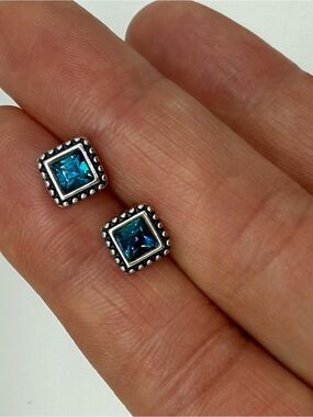 BRIGHTON Sterling Silver Teal Blue Square Crystal Stud Earrings